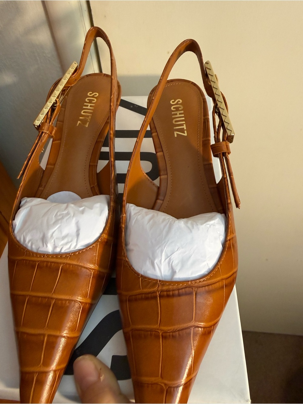 SCHUTZ Tan Croc-Embossed Pointed Slingback Pumps with Gold Buckle - Picture 4 of 4